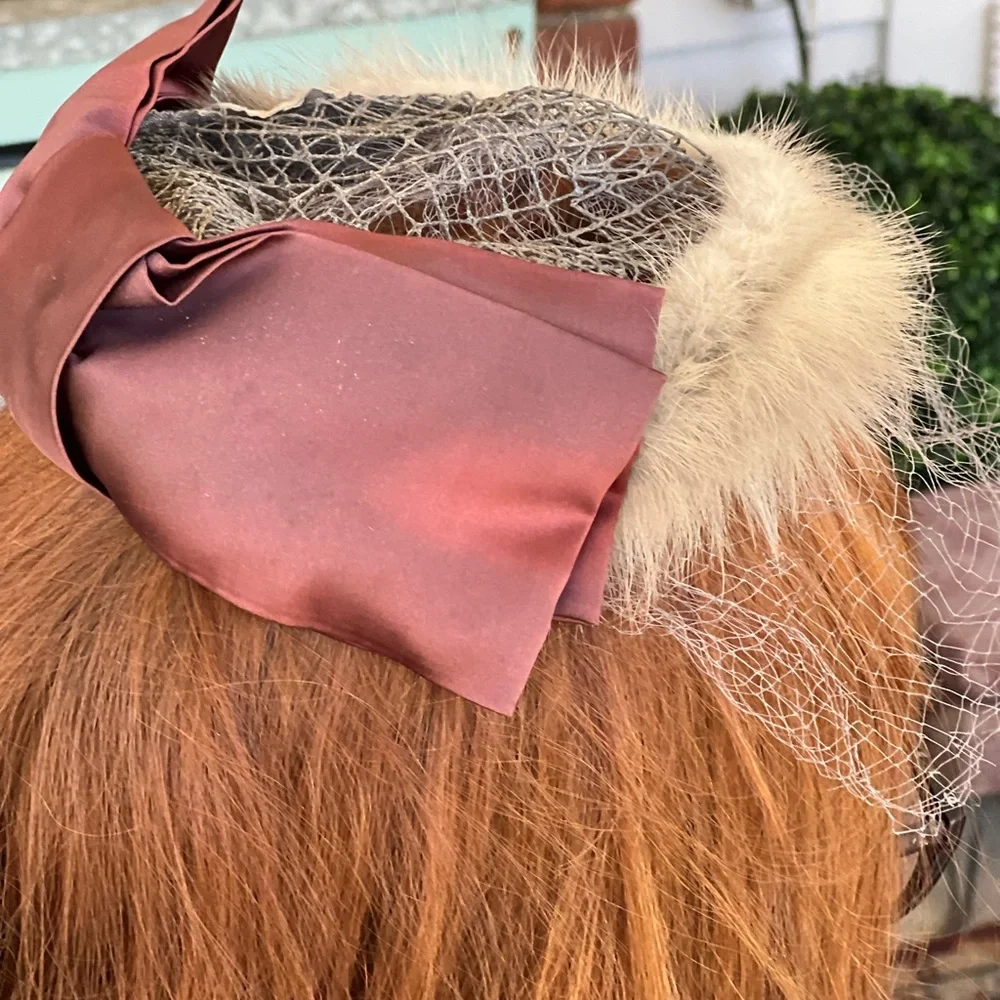 VTG Mink Circle Hat Fascinator with Satin Bow and Veil - Picture 5 of 10